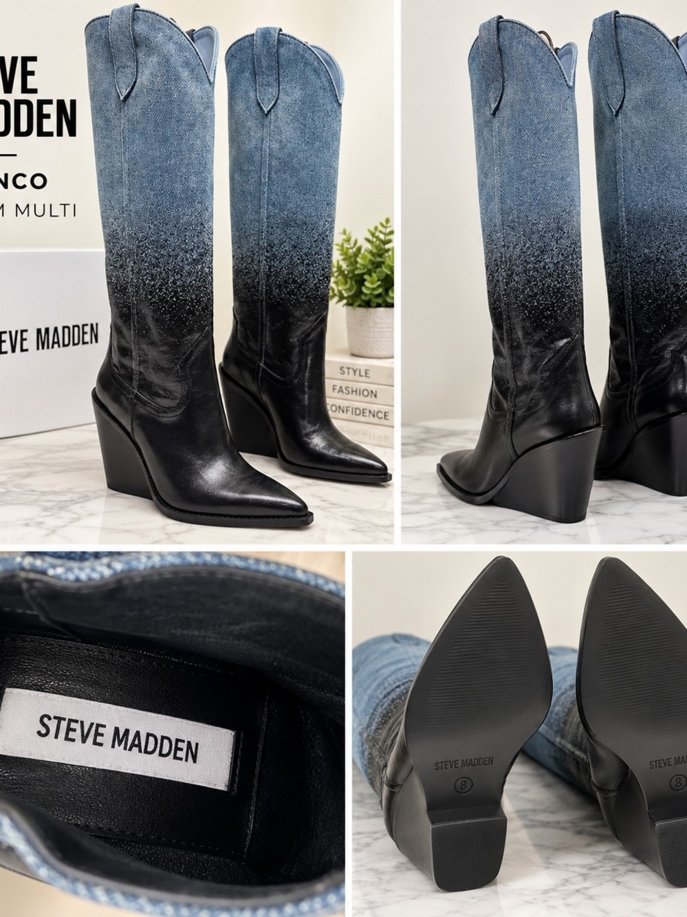 Steve Madden Black and Denim Ombre Wedge Western Boots